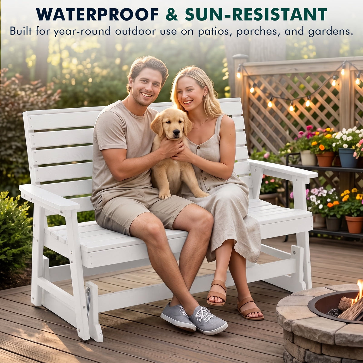 ZEOPHOL 2 Person Patio Swing Glider Bench, HDPE Outdoor Rocking Chair with Weather-Resistant Frame, Porch Swing Seat for Garden, Deck & Backyard White