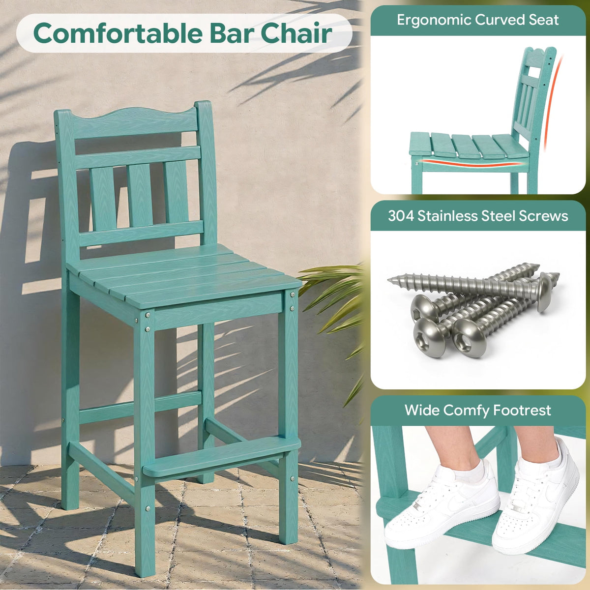 Outdoor Bar Stools Set of 2, HDPE Adirondack Bar Height Chairs w/ Backrest, All-Weather Patio Chairs for Balcony, Deck, Poolside, Bistro & Backyard (Aruba)