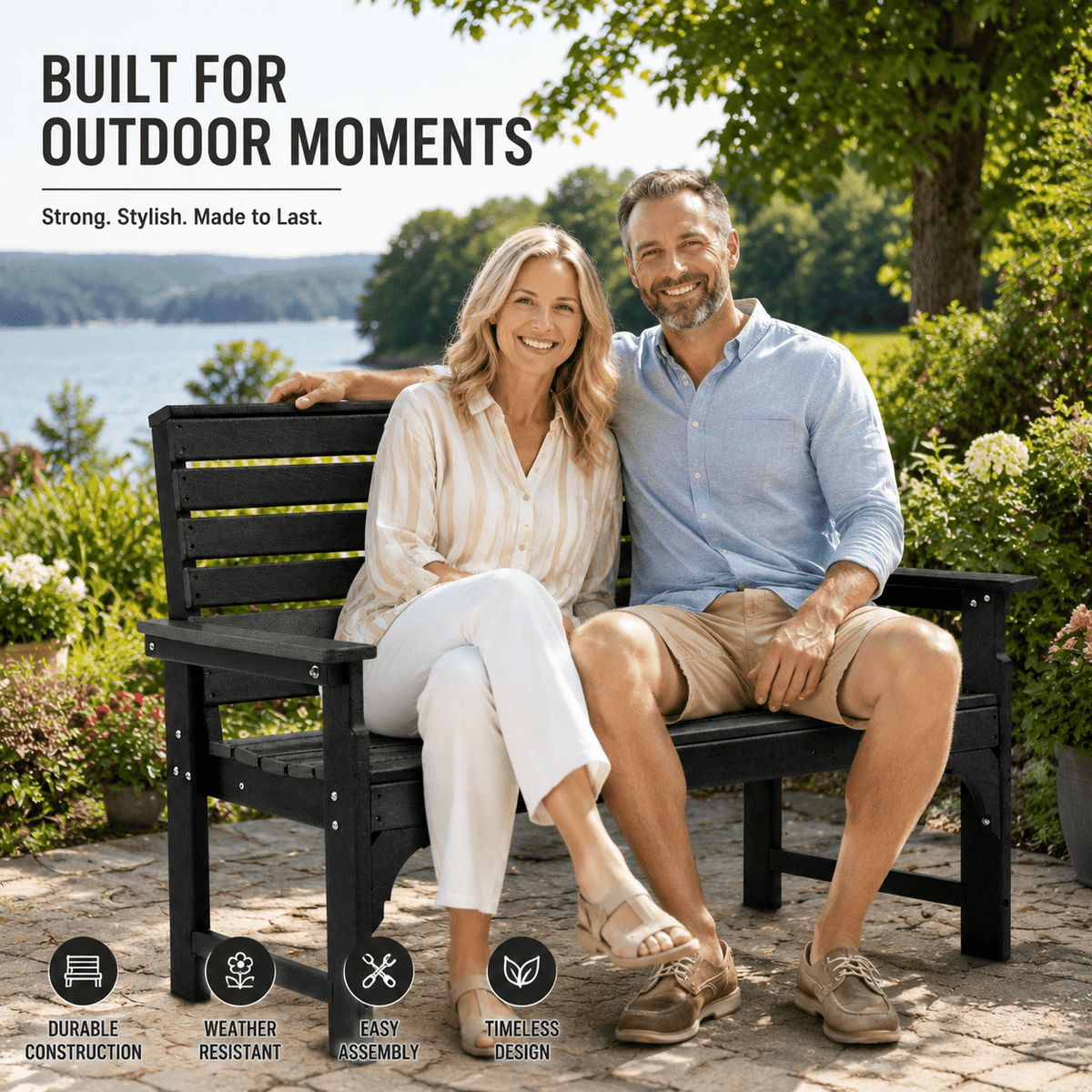 ZEOPHOL Outdoor Garden Bench, HDPE Weatherproof Bench w/Backrest, Armrests & Cup Holders, 2 Seats Patio Seating Bench for Front Porch, Backyard, Park Black