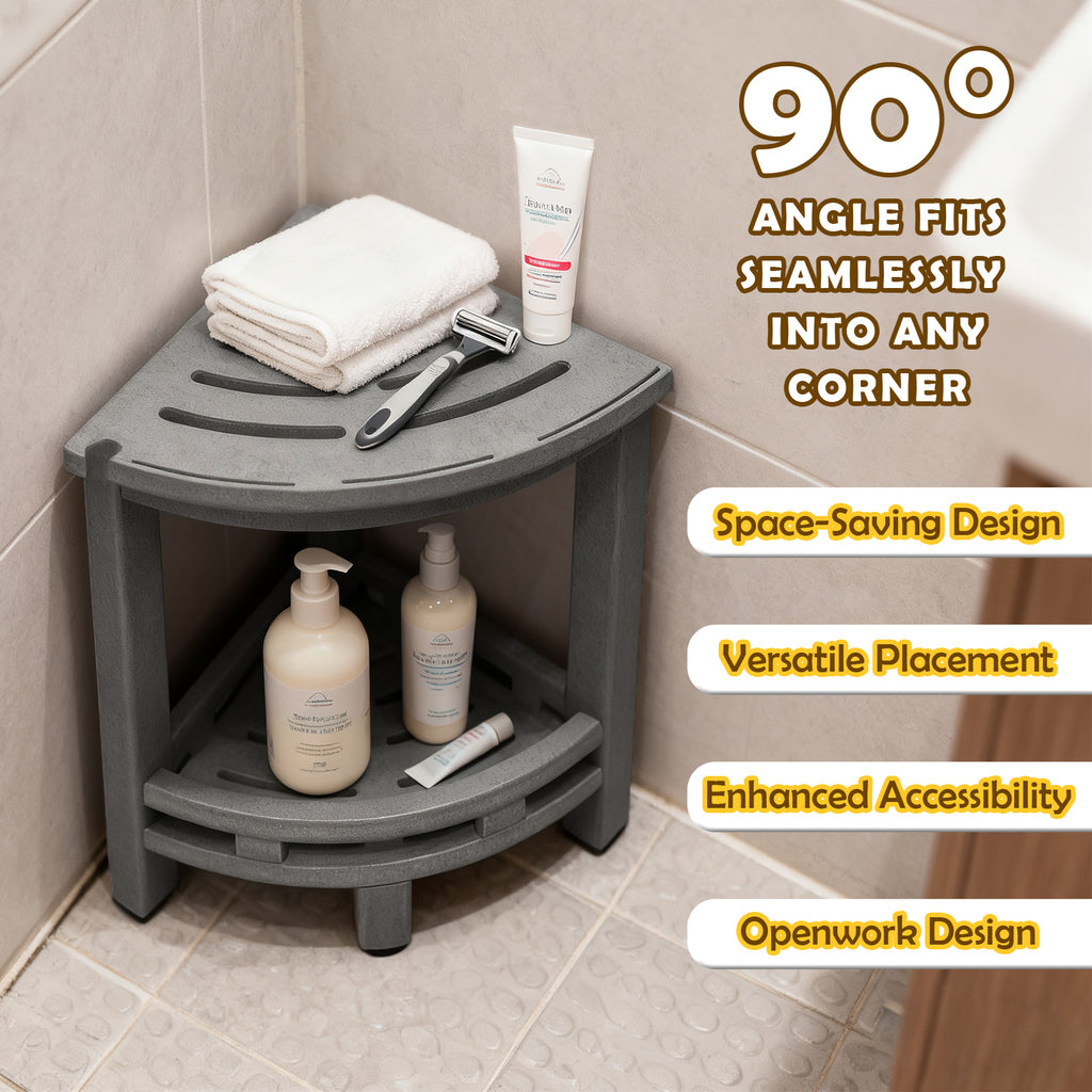 ZEOPHOL HDPE Corner Shower Bench, Waterproof Shower Stool with Storage Shelf, Space-Saving Bathroom Shower Seat for Shaving Legs & Everyday Use Gray