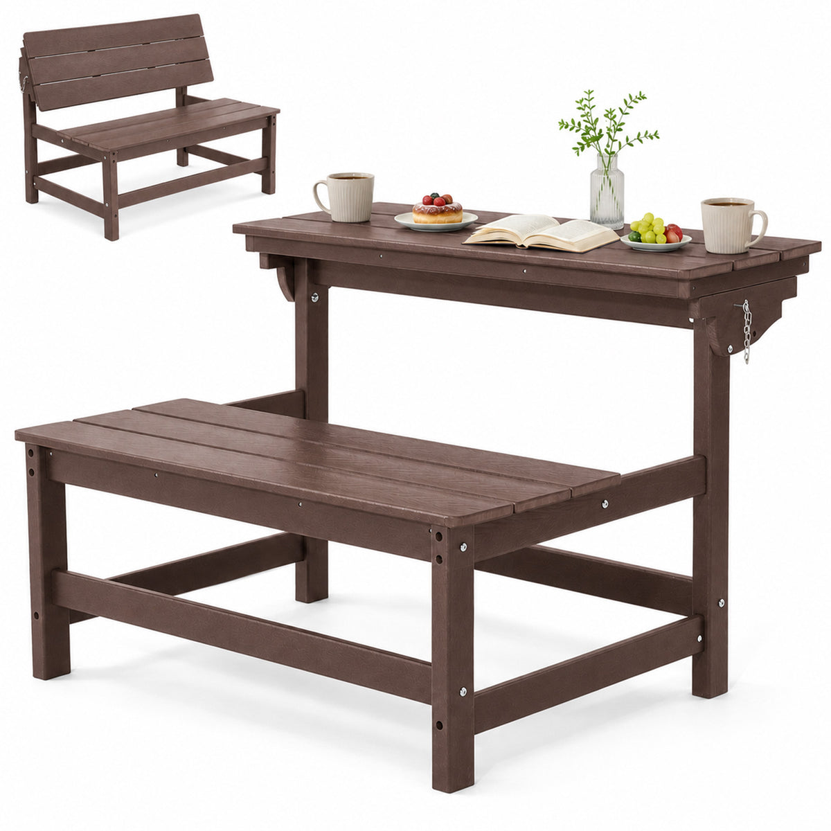 2-in-1 Convertible Outdoor Bench Set of 2, 2 Person All-Weather Patio Furniture with Reinforced Steel Frame, Low Maintenance for Porch, Garden & Backyard Brown