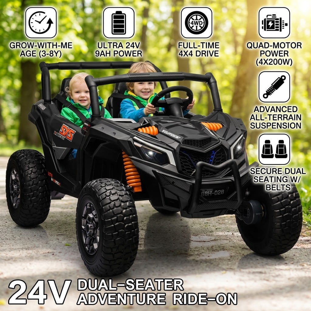 ZEOPHOL 24V Kids Ride On UTV, 2 Seater Electric Ride On Car with LED Lights, Battery Powered Vehicle for Boys & Girls Black