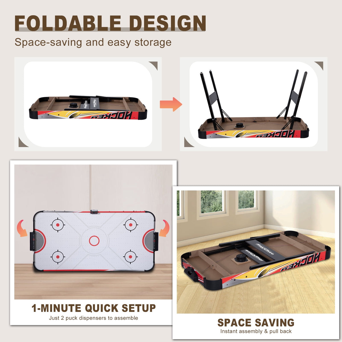 54" Foldable Air Hockey Table, LED Arcade Game Table with 2 Pucks & 2 Pushers, Powerful Air Motor, Indoor Hockey Game for Kids & Adults, Home Game Room