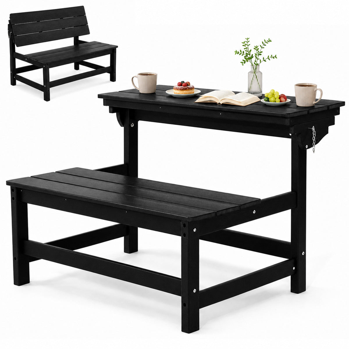 2-in-1 Convertible Outdoor Bench Set of 2, 2 Person All-Weather Patio Furniture with Reinforced Steel Frame, Low Maintenance for Porch, Garden & Backyard Brown