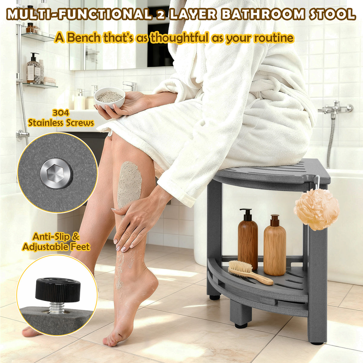 ZEOPHOL HDPE Corner Shower Bench, Waterproof Shower Stool with Storage Shelf, Space-Saving Bathroom Shower Seat for Shaving Legs & Everyday Use Gray