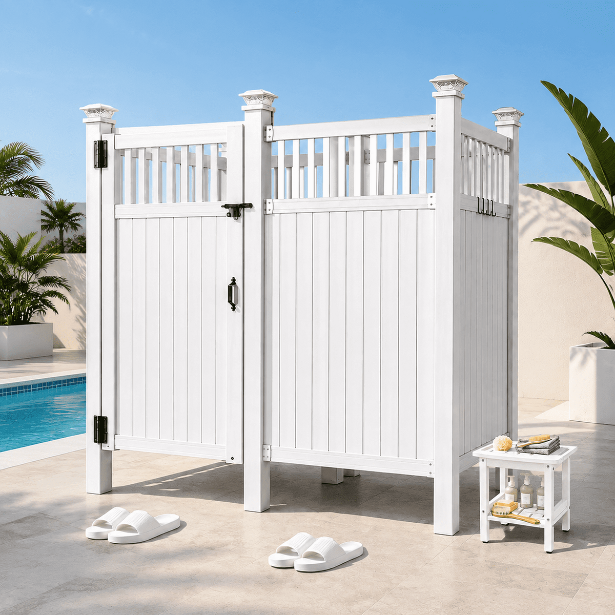 2-Person Outdoor Shower Enclosure, Weatherproof Changing Room Privacy Shower Stall with Galvanized Metal Panels, Locking Door, Shelves & Hooks for Poolside, Beach