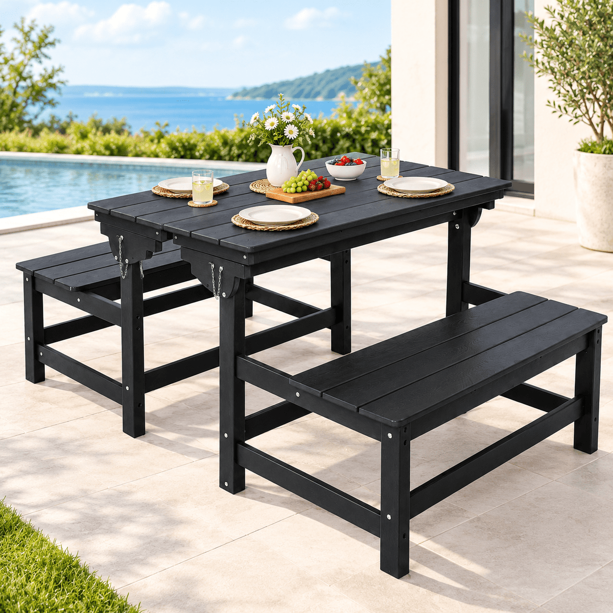 2-in-1 Convertible Outdoor Bench Set of 2, 2 Person All-Weather Patio Furniture with Reinforced Steel Frame, Low Maintenance for Porch, Garden & Backyard Brown