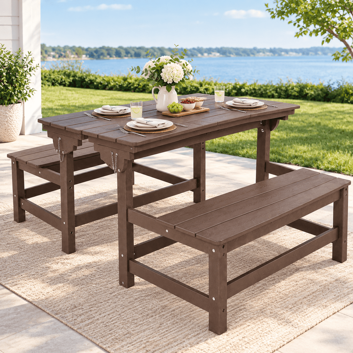 2-in-1 Convertible Outdoor Bench Set of 2, 2 Person All-Weather Patio Furniture with Reinforced Steel Frame, Low Maintenance for Porch, Garden & Backyard Brown
