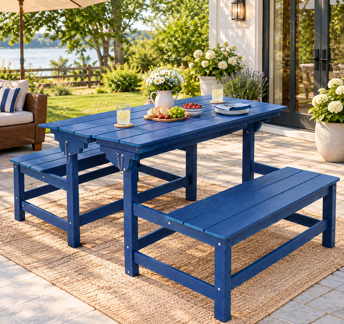 2-in-1 Convertible Outdoor Bench Set of 2, 2 Person All-Weather Patio Furniture with Reinforced Steel Frame, Low Maintenance for Porch, Garden & Backyard Brown