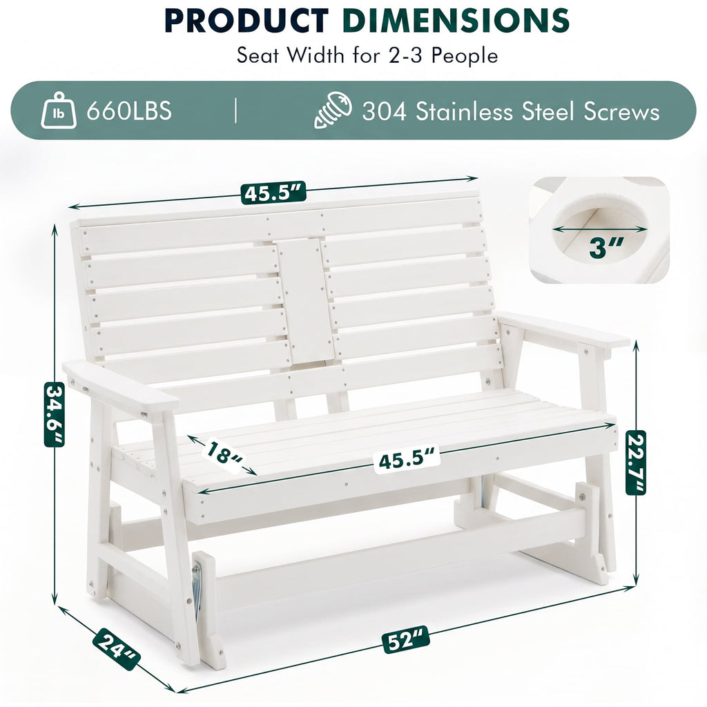 ZEOPHOL 2 Person Patio Swing Glider Bench, HDPE Outdoor Rocking Chair with Weather-Resistant Frame, Porch Swing Seat for Garden, Deck & Backyard White
