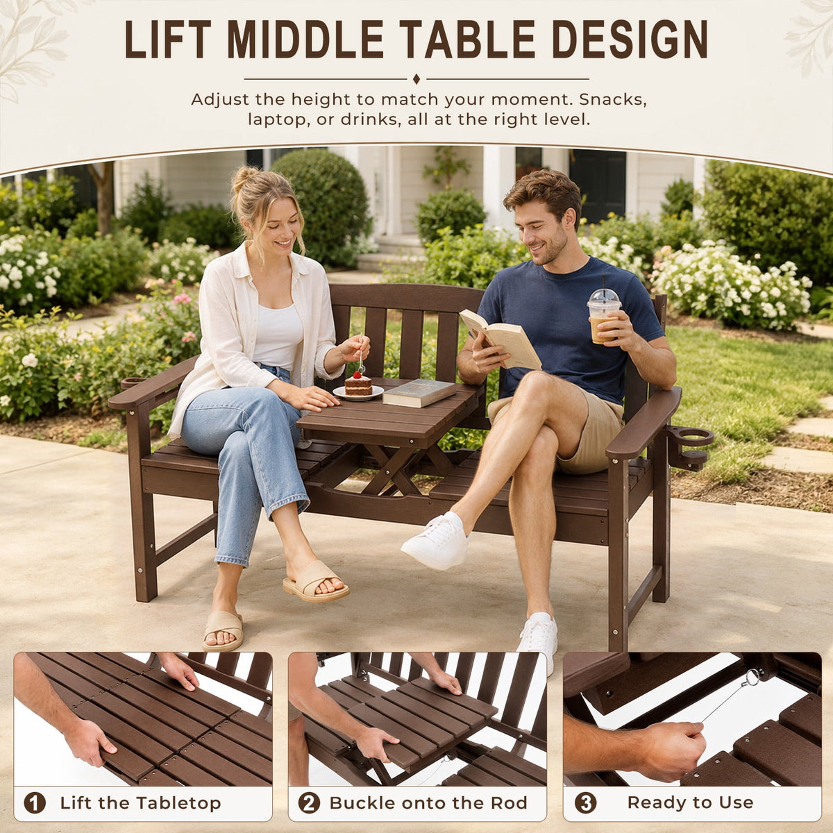 ZEOPHOL Outdoor HDPE Patio Bench, Outdoor Patio Garden Bench with Center Lift and Built-In Cup Holders, Easy to Maintain, Ideal for 1–3 People Brown