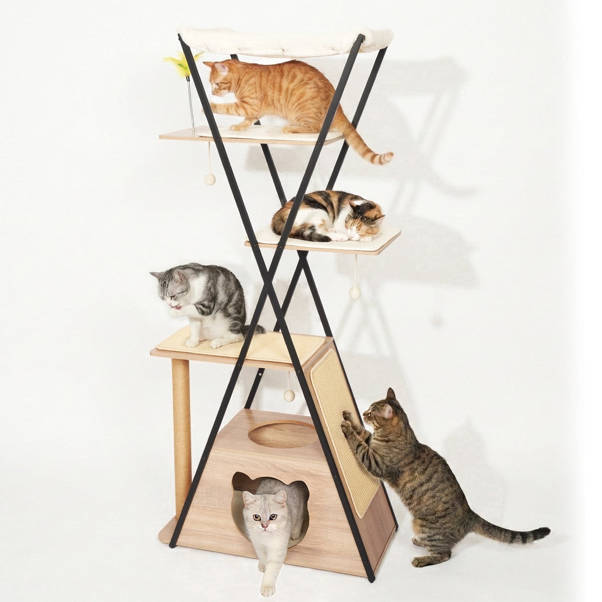 71" Large Cat Tree, Sturdy Wooden Tower for Big Cats with Spacious Condo, Wide Perch, Scratching Posts and Hammock for Multi-Cat Homes