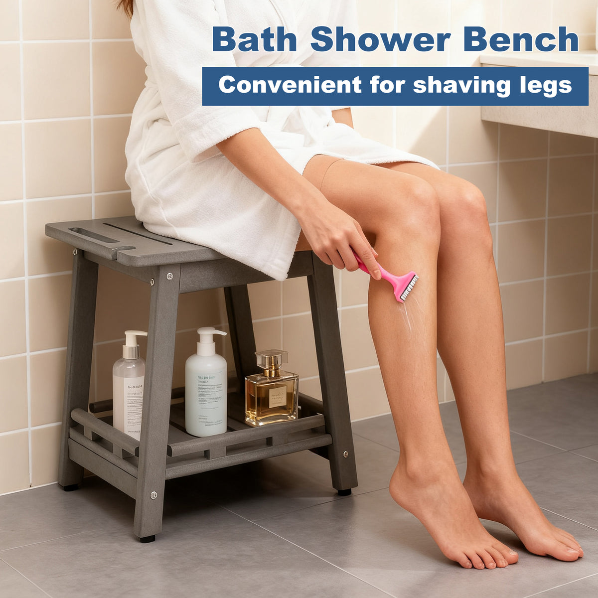 ZEOPHOL HDPE Shower Bench, Bathroom Shower Stool with Handle & Storage Shelf, Non-Slip Shower Seat for Inside Shower, Shaving Legs, Elderly & Adults Gray