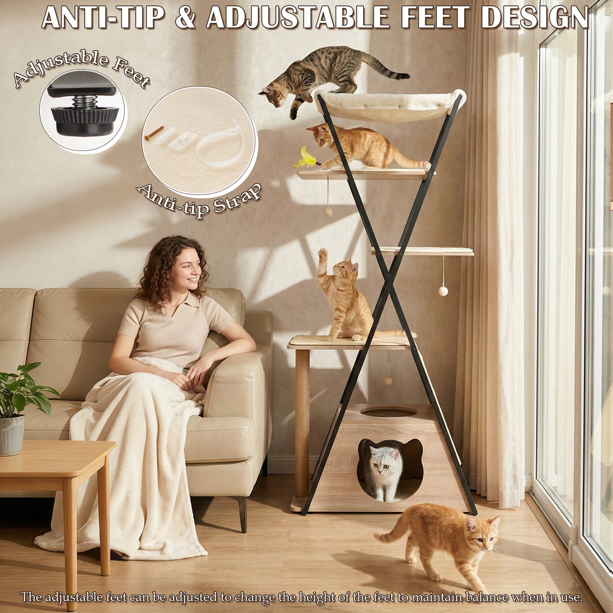 71" Large Cat Tree, Sturdy Wooden Tower for Big Cats with Spacious Condo, Wide Perch, Scratching Posts and Hammock for Multi-Cat Homes