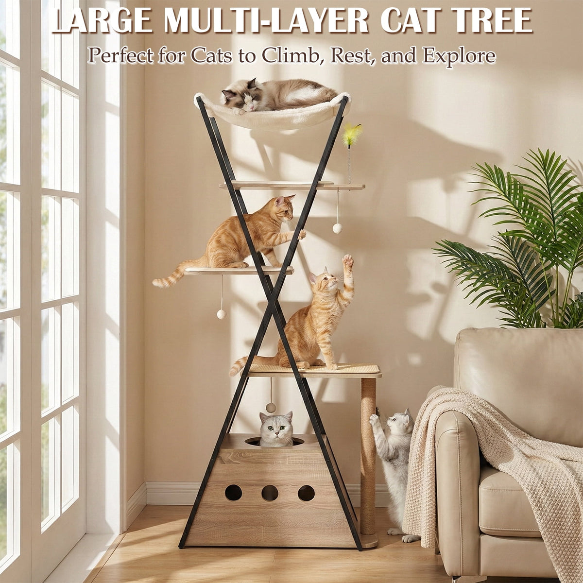 71" Large Cat Tree, Sturdy Wooden Tower for Big Cats with Spacious Condo, Wide Perch, Scratching Posts and Hammock for Multi-Cat Homes