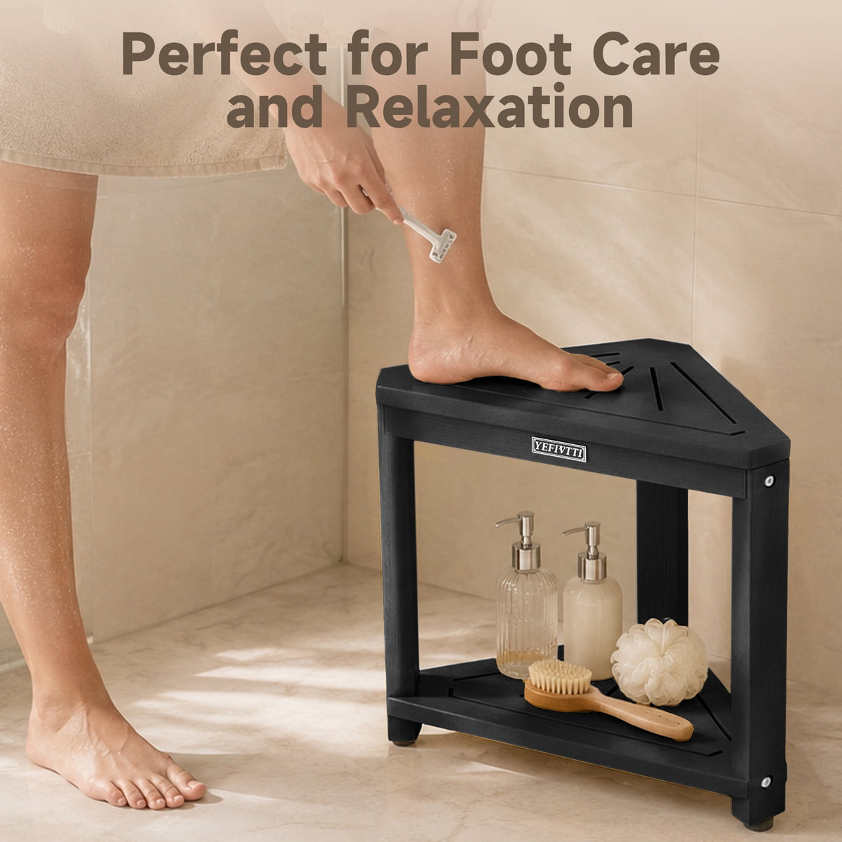 HDPS Corner Shower Bench, Waterproof 2-Tier Bathroom Stool with Footrest, Space-Saving Triangle Shower Seat for Shaving Legs Black