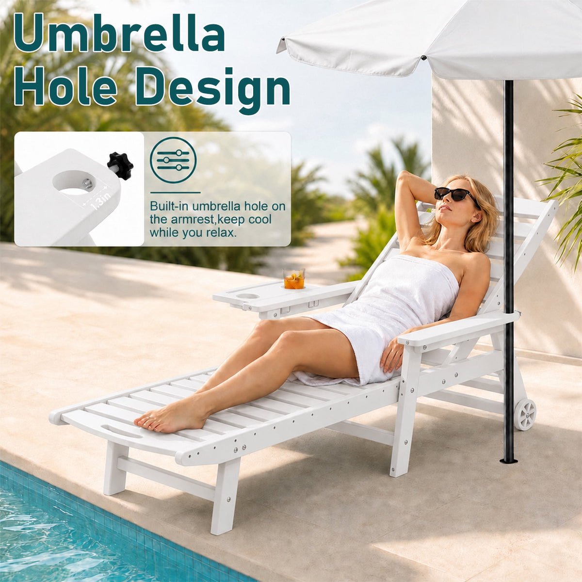 HDPE Pool Chaise Lounge Chair, 2-in-1 Outdoor Patio Lounge Chair w/Adjustable Backrest & Cup Holder White