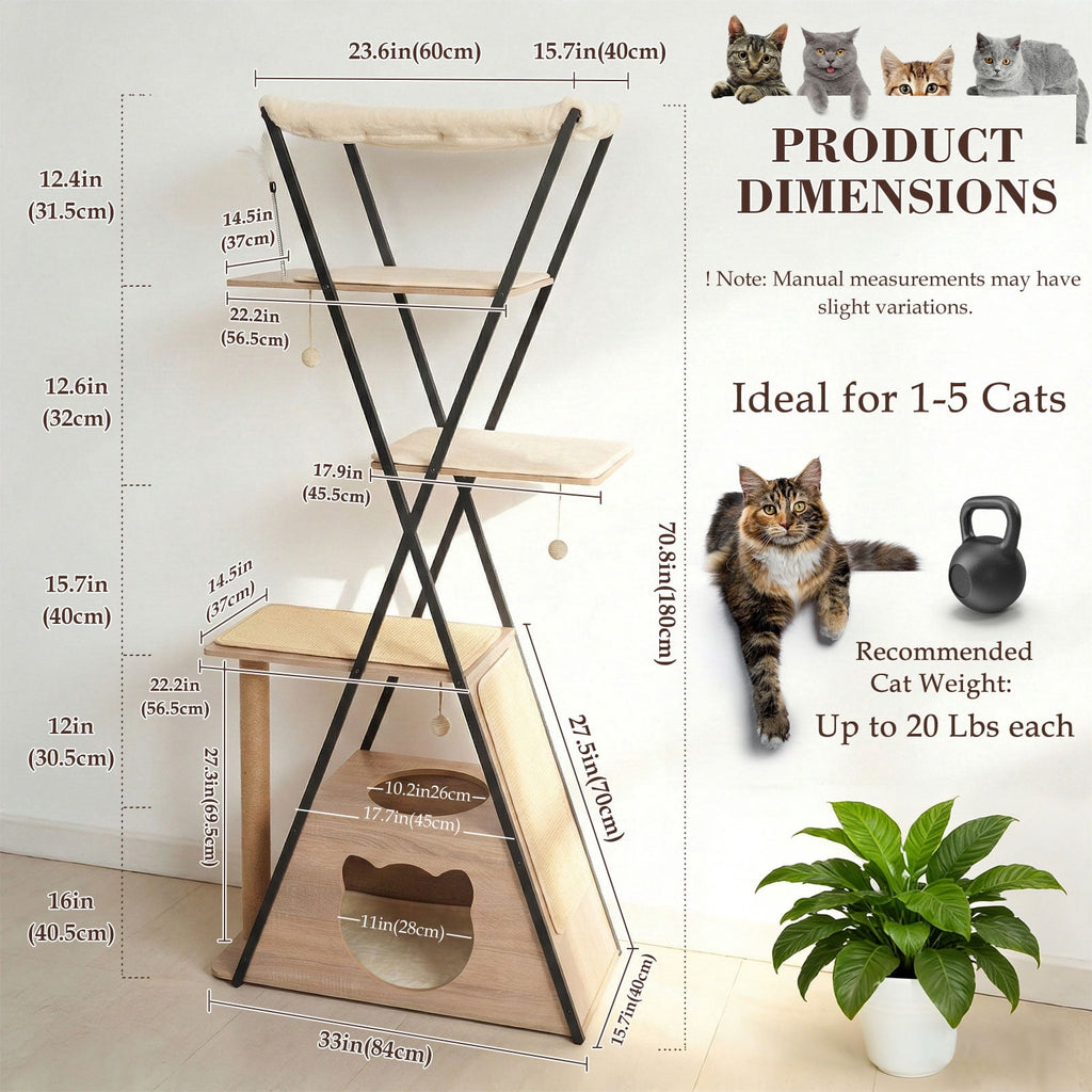 71" Large Cat Tree, Sturdy Wooden Tower for Big Cats with Spacious Condo, Wide Perch, Scratching Posts and Hammock for Multi-Cat Homes