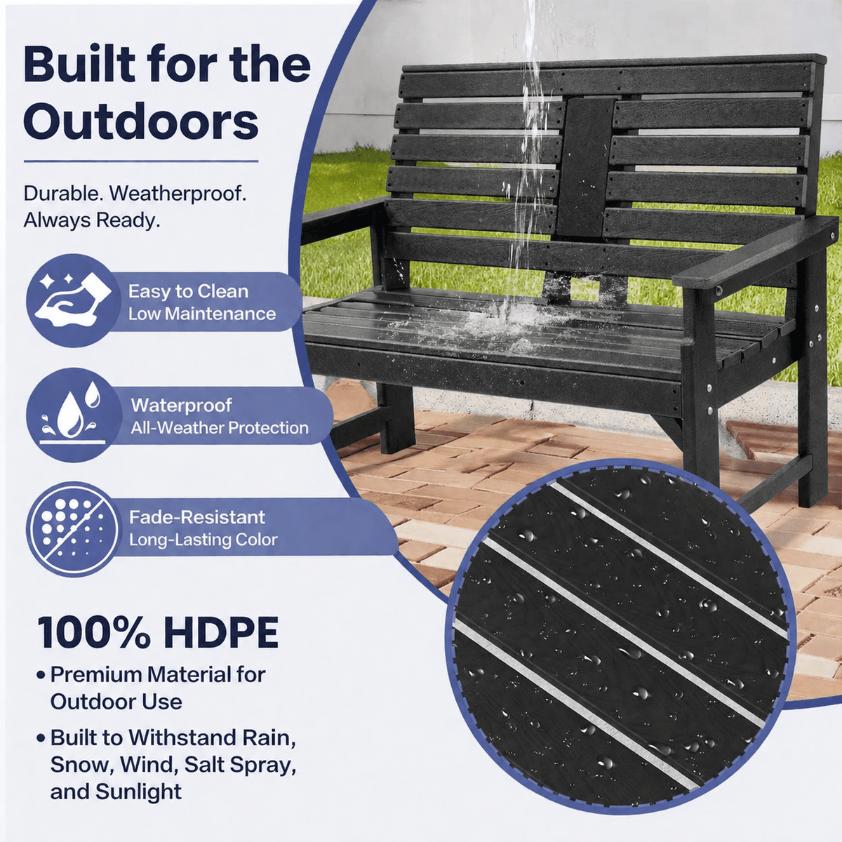 ZEOPHOL Outdoor Garden Bench, HDPE Weatherproof Bench w/Backrest, Armrests & Cup Holders, 2 Seats Patio Seating Bench for Front Porch, Backyard, Park Black