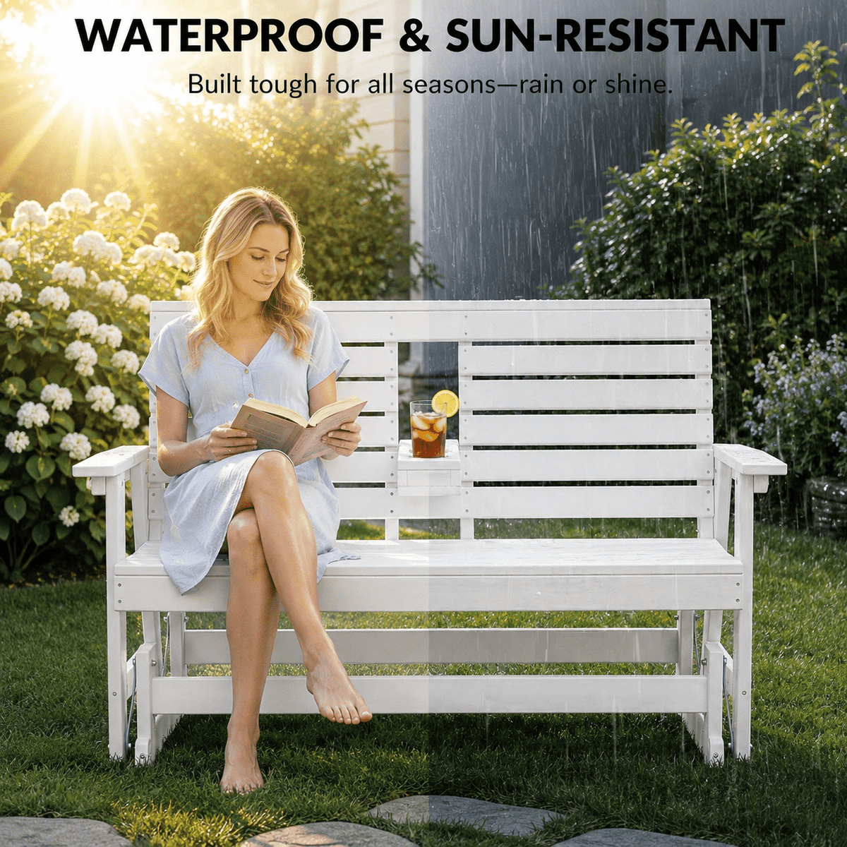 ZEOPHOL 2 Person Patio Swing Glider Bench, HDPE Outdoor Rocking Chair with Weather-Resistant Frame, Porch Swing Seat for Garden, Deck & Backyard White