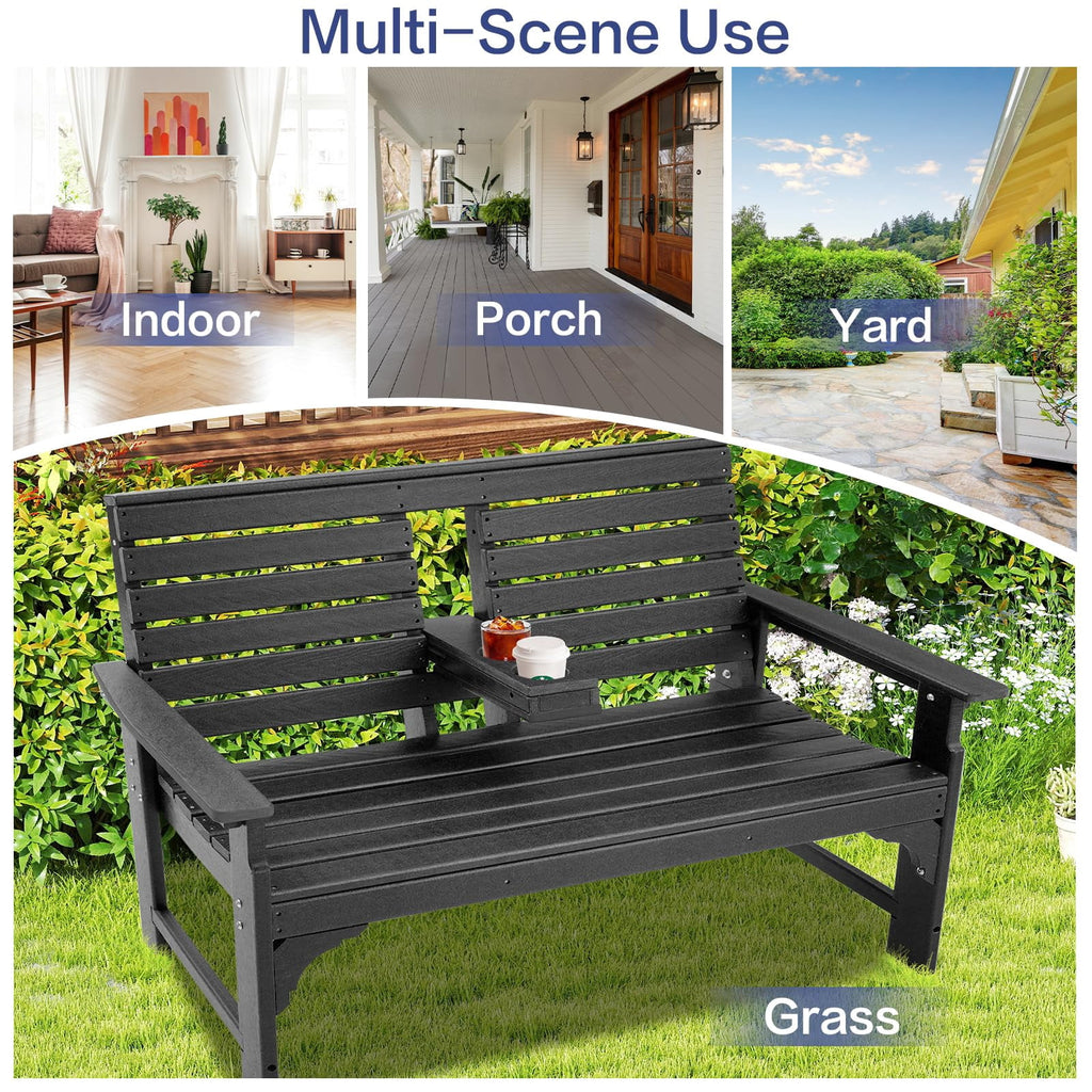 ZEOPHOL Outdoor Garden Bench, HDPE Weatherproof Bench w/Backrest, Armrests & Cup Holders, 2 Seats Patio Seating Bench for Front Porch, Backyard, Park Black