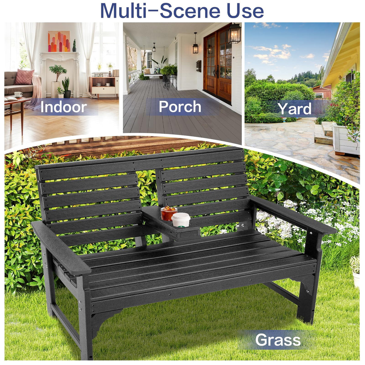 ZEOPHOL Outdoor Garden Bench, HDPE Weatherproof Bench w/Backrest, Armrests & Cup Holders, 2 Seats Patio Seating Bench for Front Porch, Backyard, Park Black