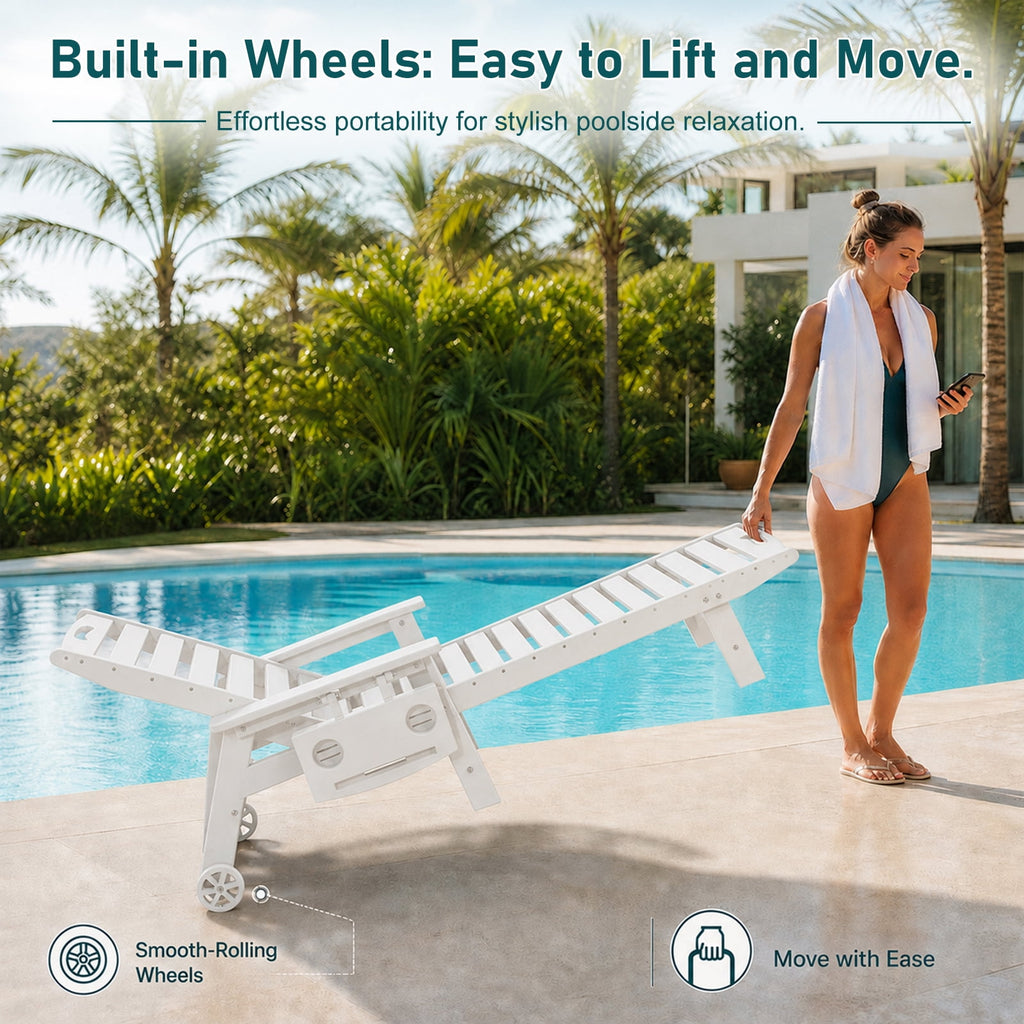 HDPE Pool Chaise Lounge Chair, 2-in-1 Outdoor Patio Lounge Chair w/Adjustable Backrest & Cup Holder White