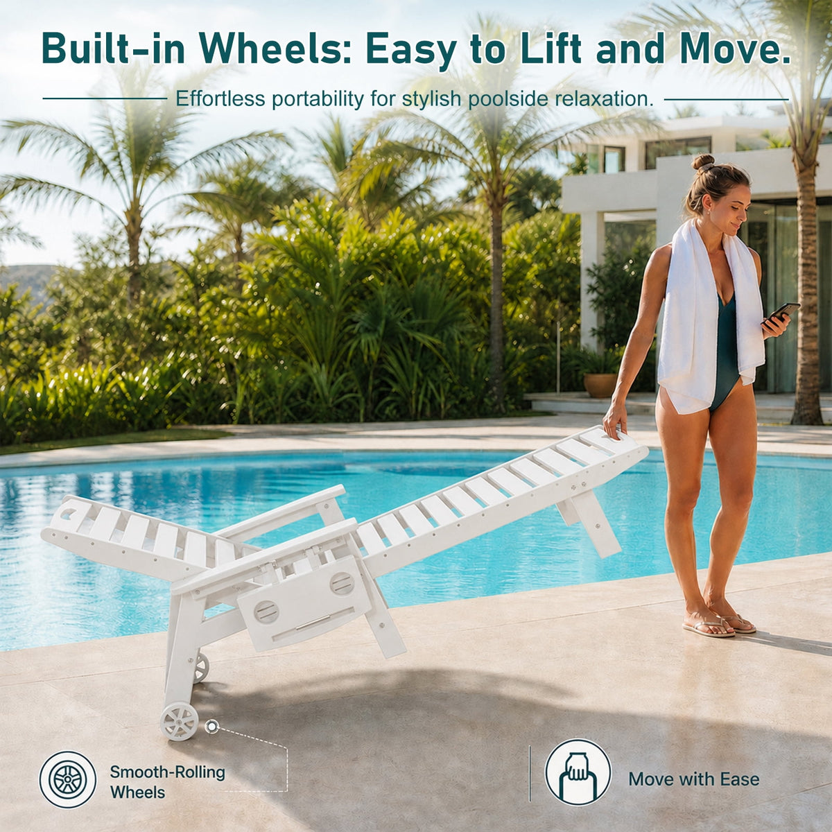 HDPE Pool Chaise Lounge Chair, 2-in-1 Outdoor Patio Lounge Chair w/Adjustable Backrest & Cup Holder White