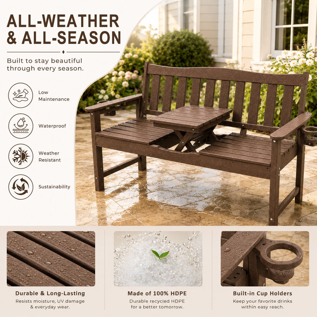 ZEOPHOL Outdoor HDPE Patio Bench, Outdoor Patio Garden Bench with Center Lift and Built-In Cup Holders, Easy to Maintain, Ideal for 1–3 People Brown