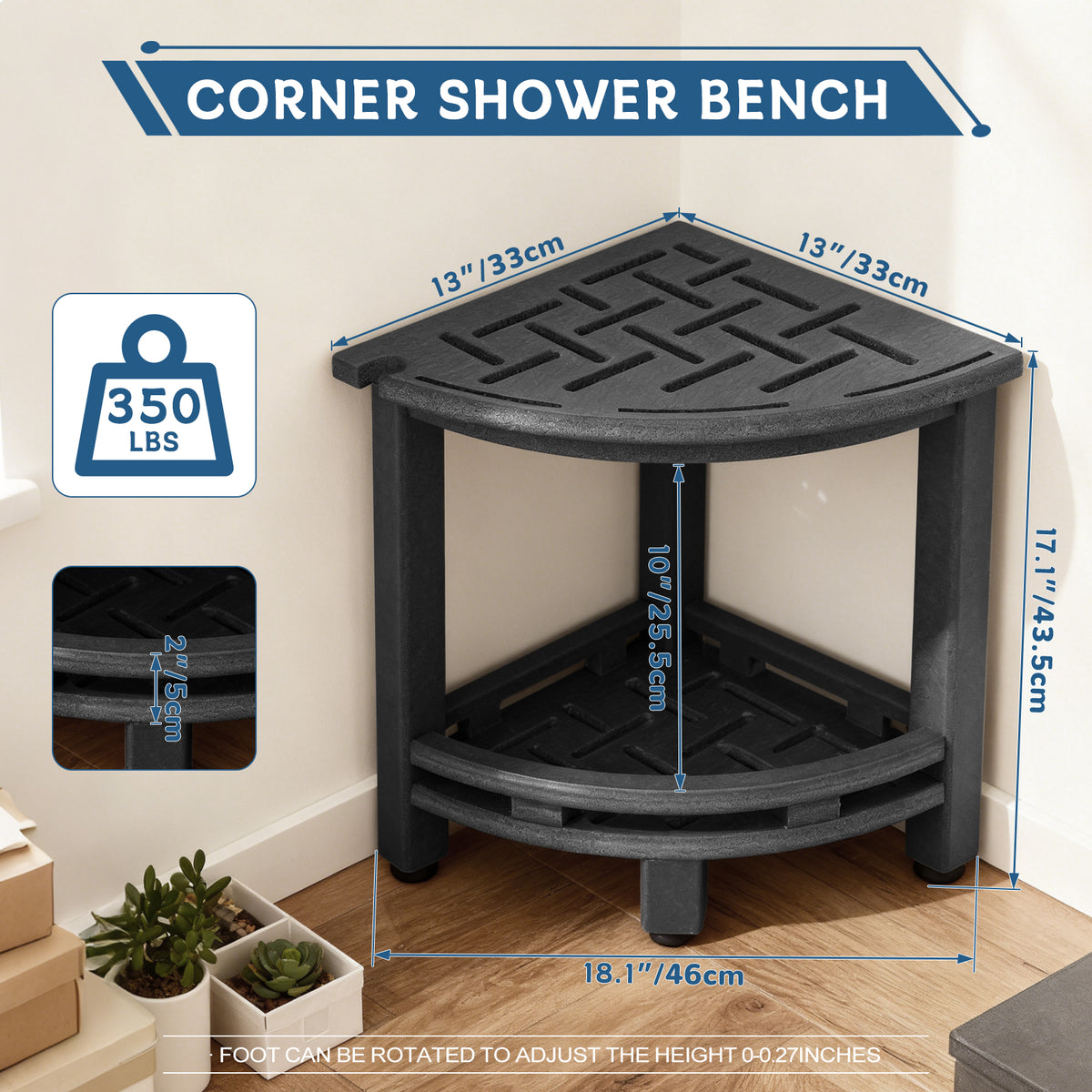 ZEOPHOL HDPE Shower Bench, Shower Stool with Handle & Storage Shelf, Bathroom Shower Seat for Inside Shower, Shaving Legs & Daily Bathing, Black