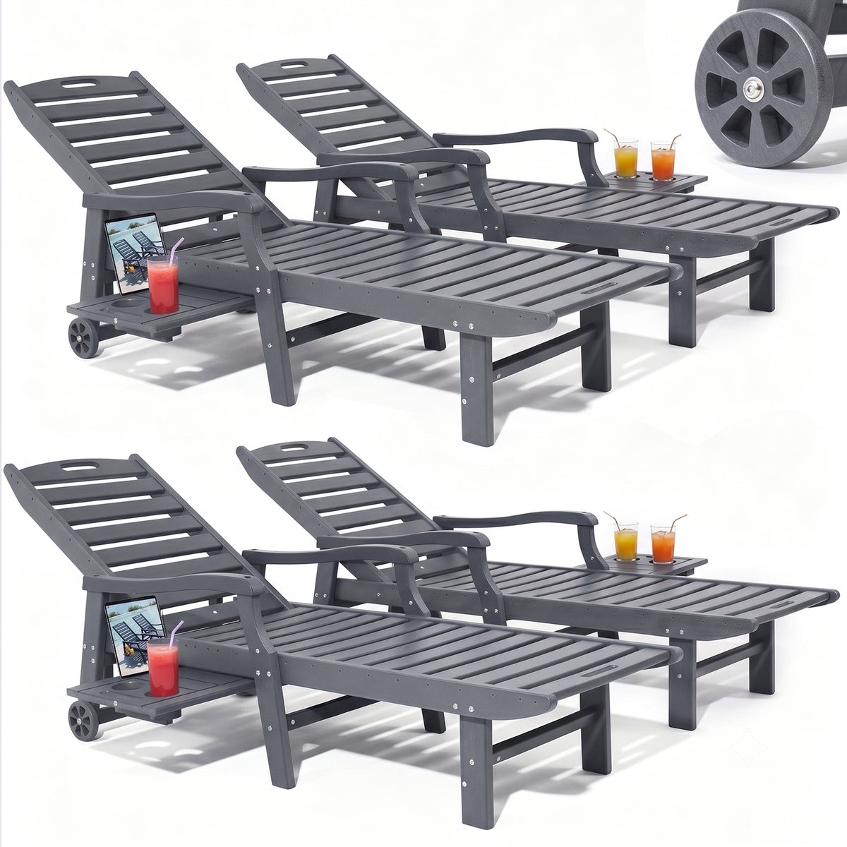 4 Pcs HDPE Patio Chaise Lounge Chair, Outdoor Reclining Pool Chair w/ Adjustable Backrest, for Patio, Deck, Backyard Aruba