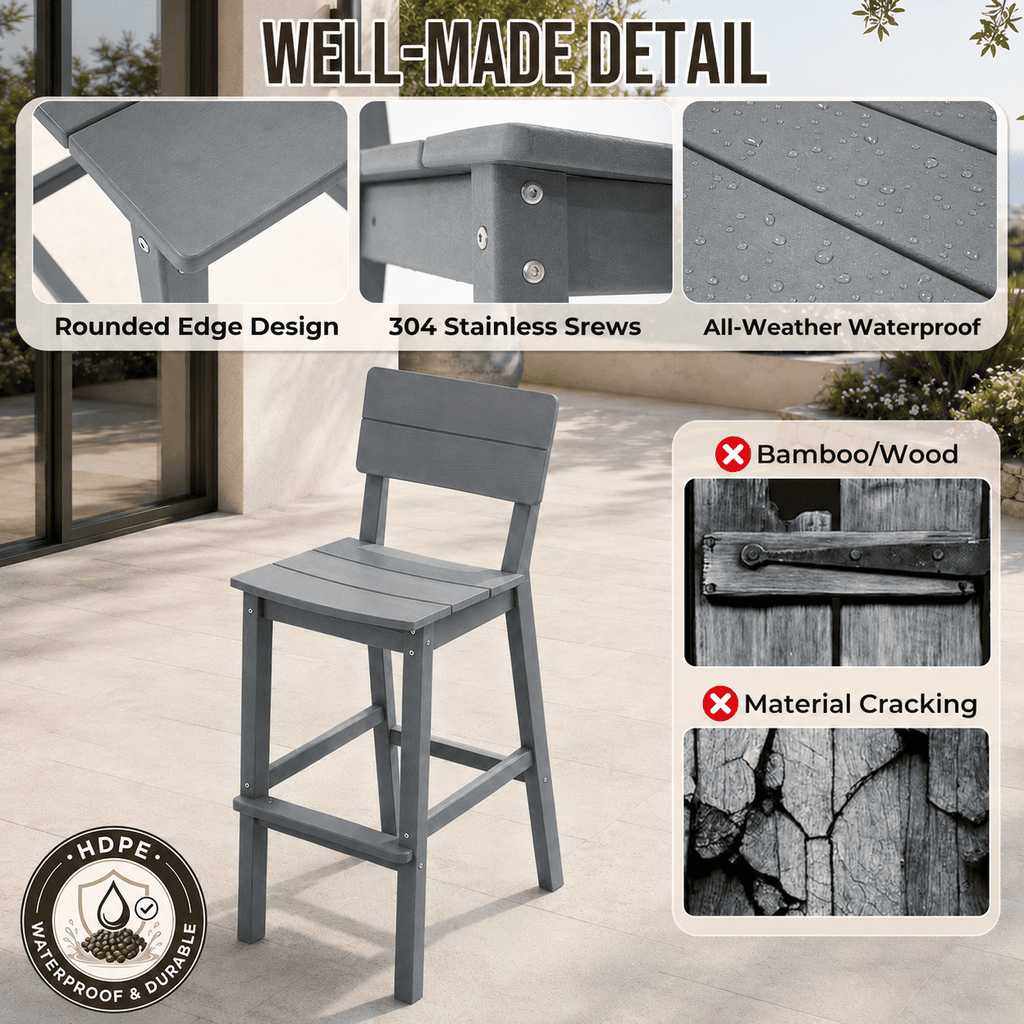 ZEOPHOL HDPE Outdoor Bar Stools Set of 2, Patio Bar Height Chairs with Footrests, All-Weather Wood-Grain Design, 304 Stainless Steel Gray