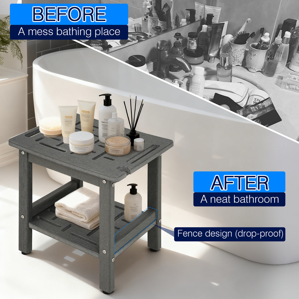 ZEOPHOL HDPE Shower Bench for Inside Shower, Shower Stool with Handle & Storage Shelf, Bathroom Shower Seat for Shaving Legs, Adults & Elderly Gray