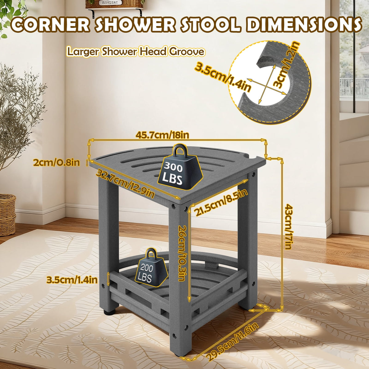 ZEOPHOL HDPE Corner Shower Bench, Waterproof Shower Stool with Storage Shelf, Space-Saving Bathroom Shower Seat for Shaving Legs & Everyday Use Gray