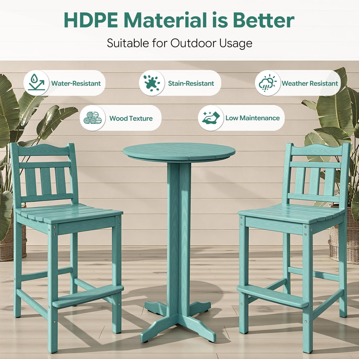 Outdoor Bar Stools Set of 2, HDPE Adirondack Bar Height Chairs w/ Backrest, All-Weather Patio Chairs for Balcony, Deck, Poolside, Bistro & Backyard (Aruba)