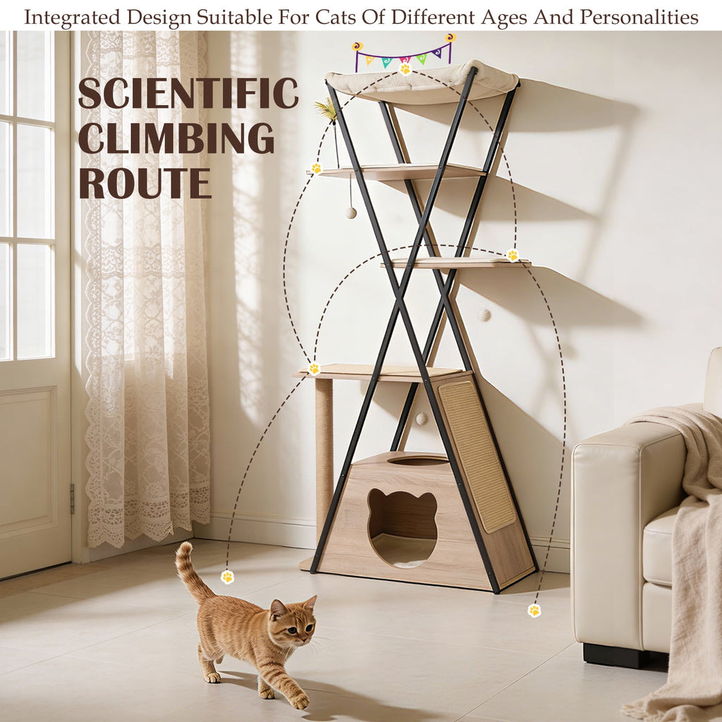 71" Large Cat Tree, Sturdy Wooden Tower for Big Cats with Spacious Condo, Wide Perch, Scratching Posts and Hammock for Multi-Cat Homes