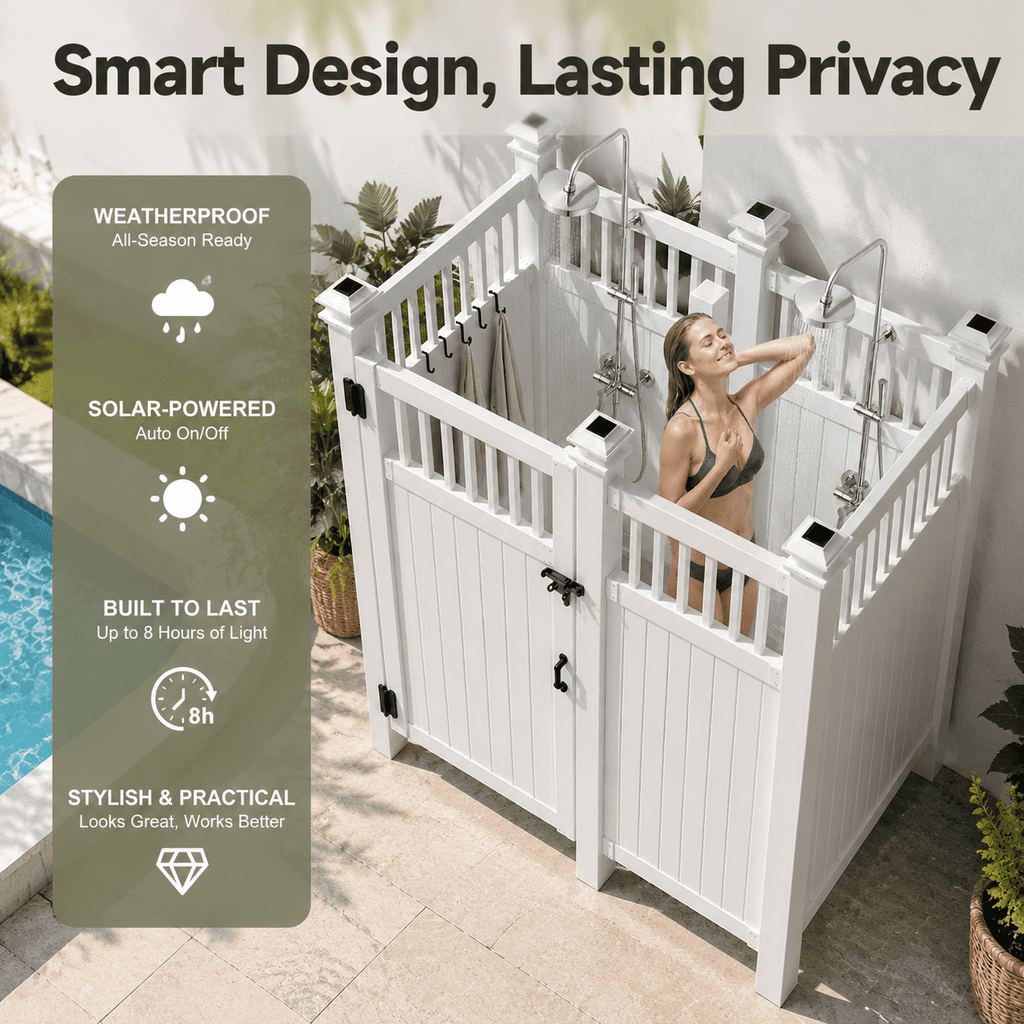 2-Person Outdoor Shower Enclosure, Weatherproof Changing Room Privacy Shower Stall with Galvanized Metal Panels, Locking Door, Shelves & Hooks for Poolside, Beach
