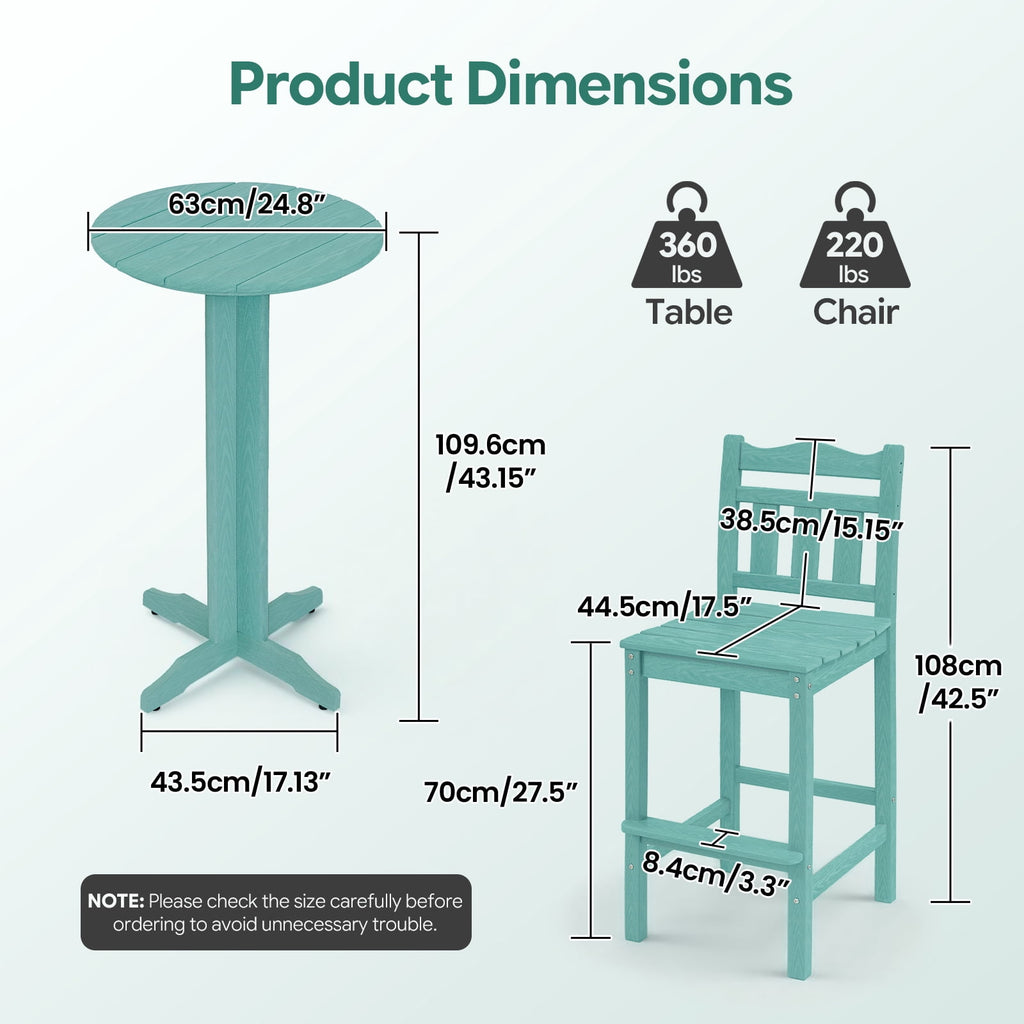 Outdoor Bar Stools Set of 2, HDPE Adirondack Bar Height Chairs w/ Backrest, All-Weather Patio Chairs for Balcony, Deck, Poolside, Bistro & Backyard (Aruba)