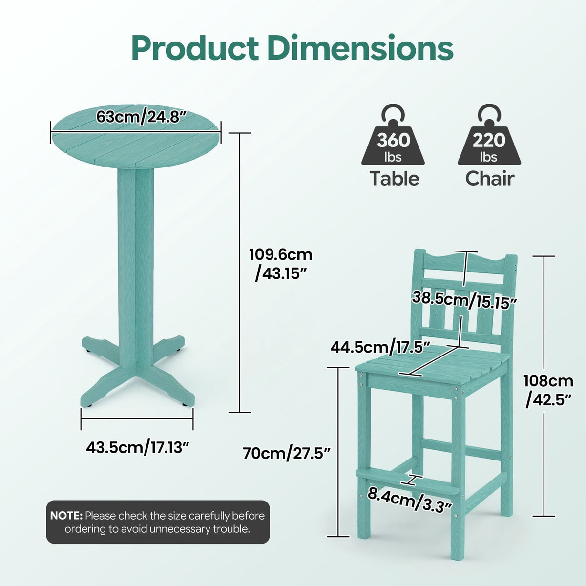 Outdoor Bar Stools Set of 2, HDPE Adirondack Bar Height Chairs w/ Backrest, All-Weather Patio Chairs for Balcony, Deck, Poolside, Bistro & Backyard (Aruba)