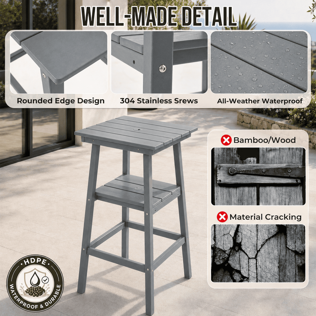 ZEOPHOL HDPE Outdoor Bar Stools Set of 2, Patio Bar Height Chairs with Footrests, All-Weather Wood-Grain Design, 304 Stainless Steel Gray