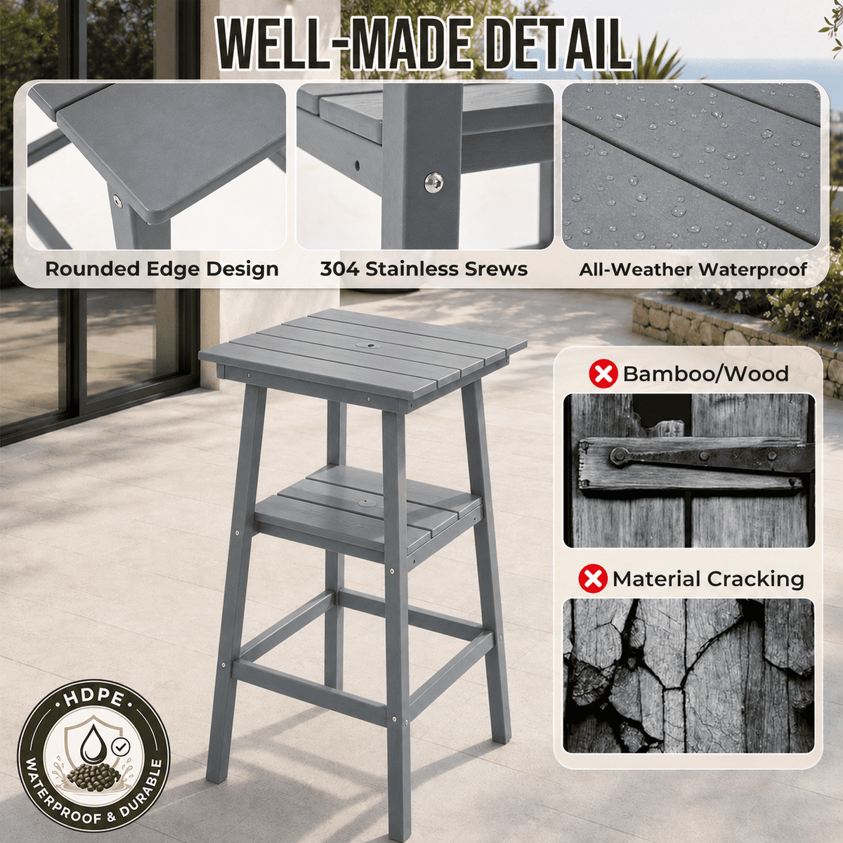 ZEOPHOL HDPE Outdoor Bar Stools Set of 2, Patio Bar Height Chairs with Footrests, All-Weather Wood-Grain Design, 304 Stainless Steel Gray