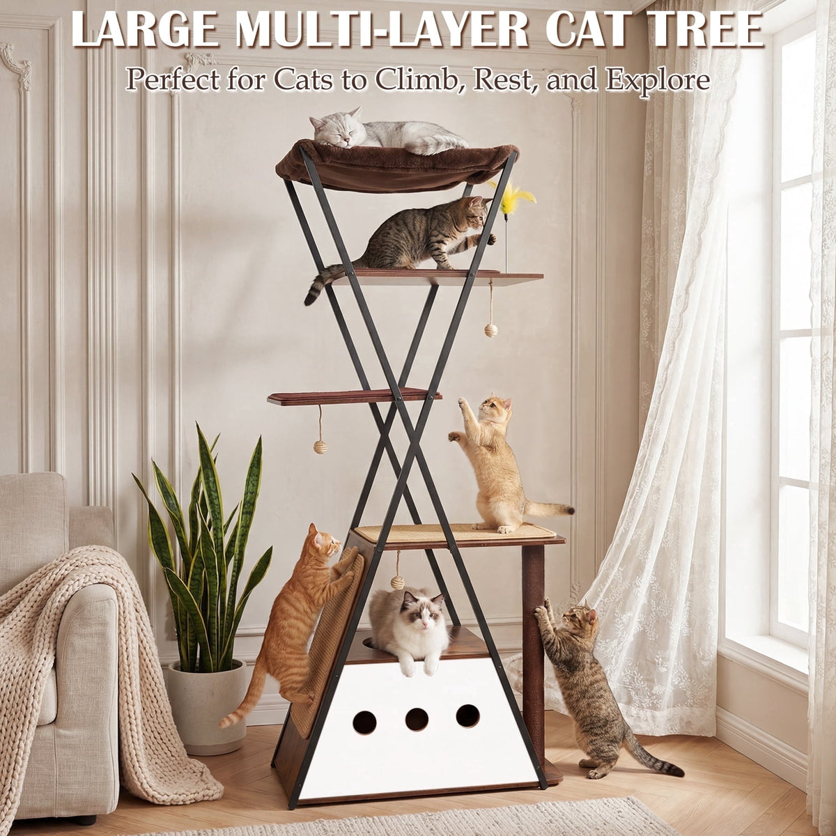 71" Large Cat Tree, Sturdy Wooden Tower for Big Cats with Spacious Condo, Wide Perch, Scratching Posts and Hammock for Multi-Cat Homes