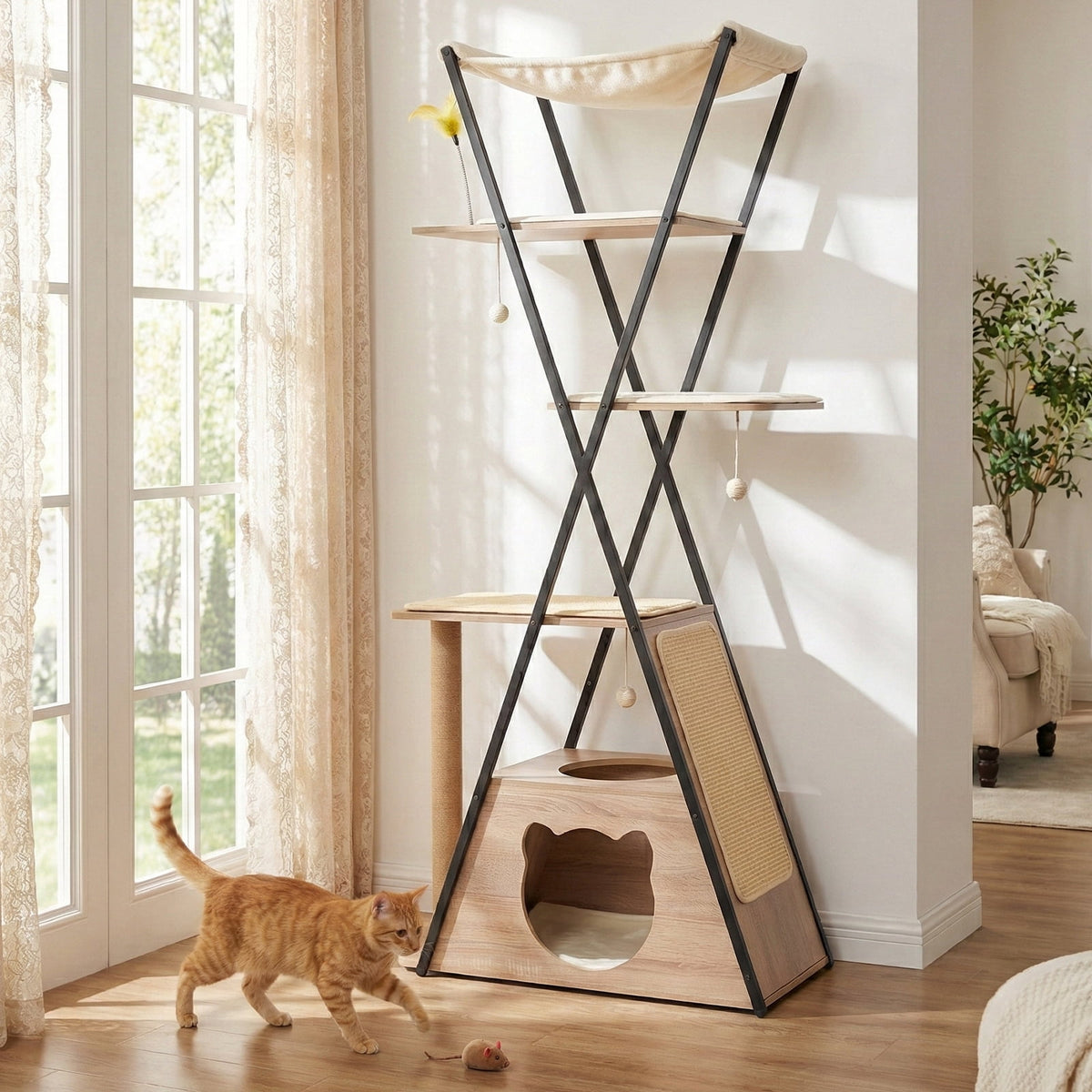 71" Large Cat Tree, Sturdy Wooden Tower for Big Cats with Spacious Condo, Wide Perch, Scratching Posts and Hammock for Multi-Cat Homes