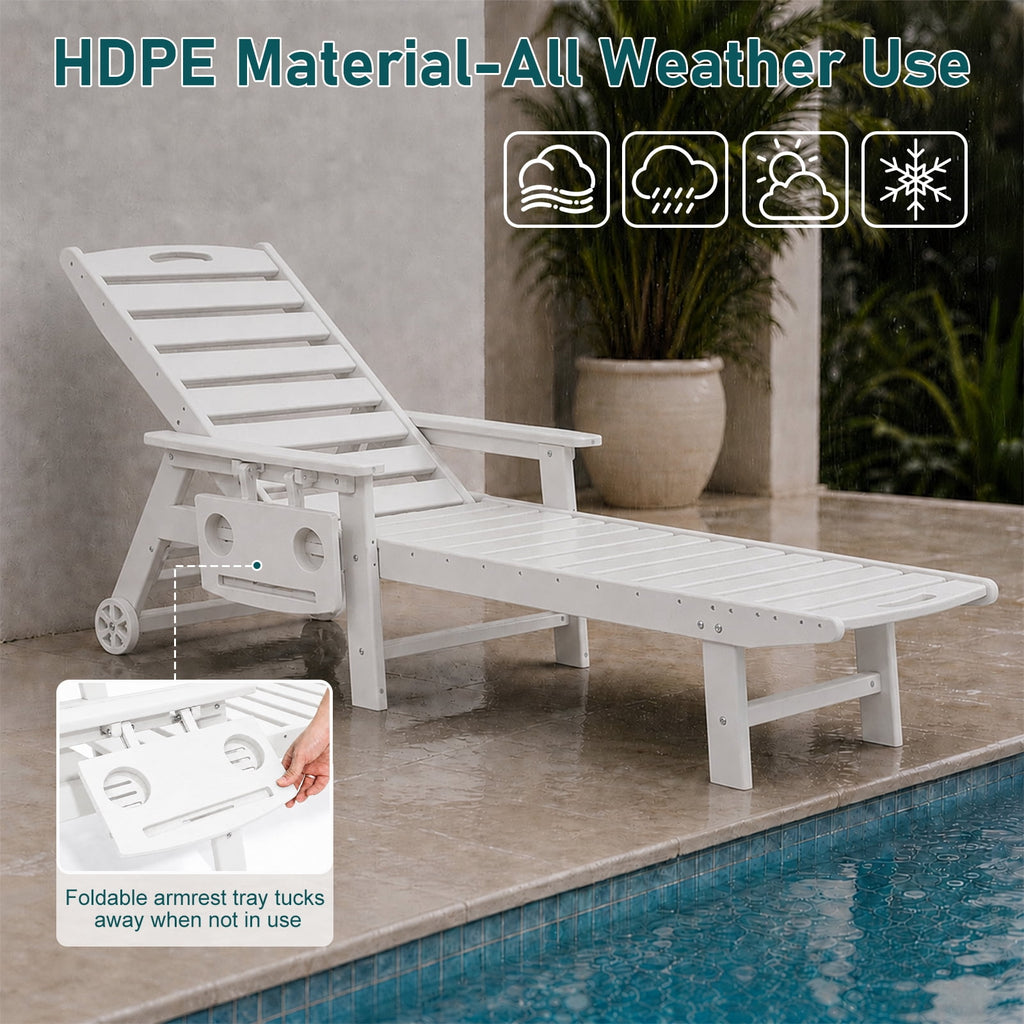 HDPE Pool Chaise Lounge Chair, 2-in-1 Outdoor Patio Lounge Chair w/Adjustable Backrest & Cup Holder White