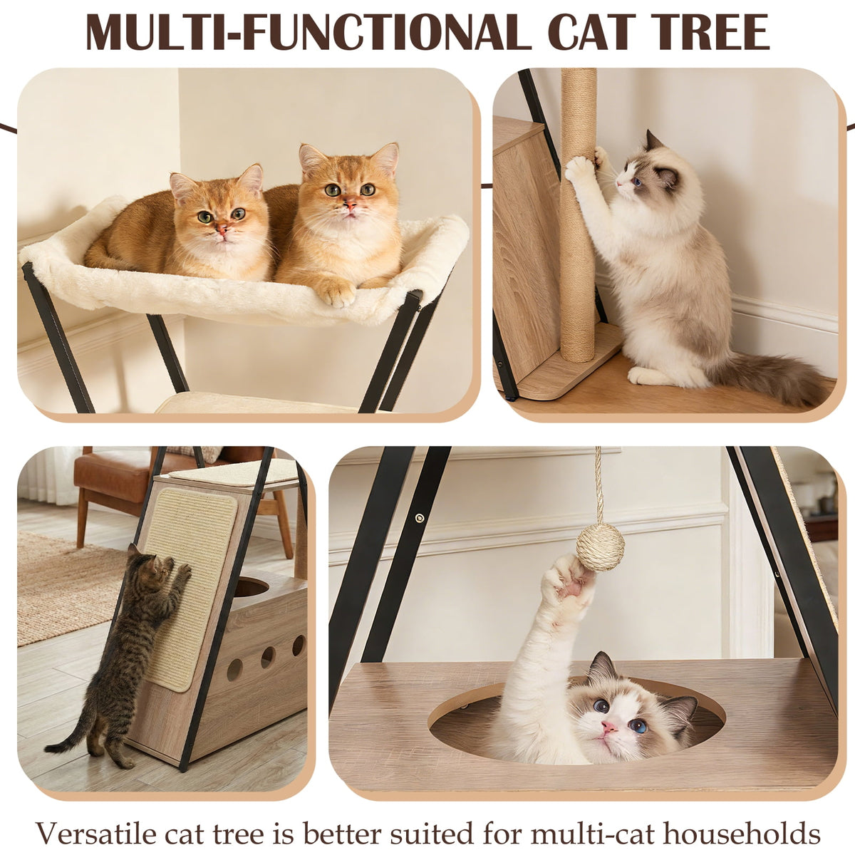 71" Large Cat Tree, Sturdy Wooden Tower for Big Cats with Spacious Condo, Wide Perch, Scratching Posts and Hammock for Multi-Cat Homes