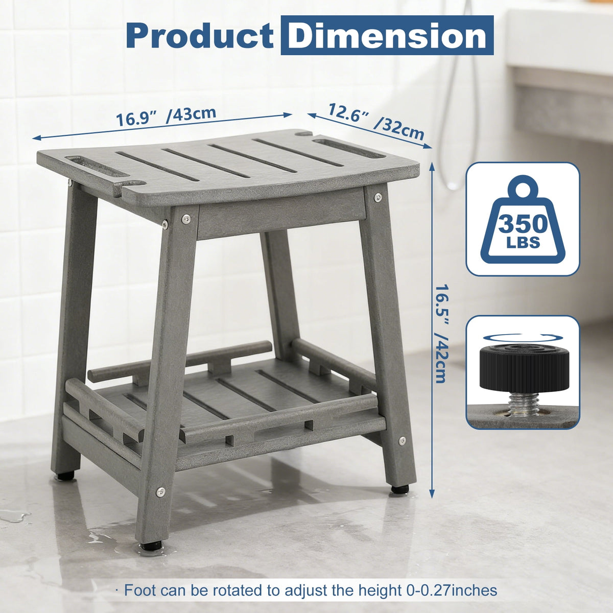 ZEOPHOL HDPE Shower Bench, Bathroom Shower Stool with Handle & Storage Shelf, Non-Slip Shower Seat for Inside Shower, Shaving Legs, Elderly & Adults Gray