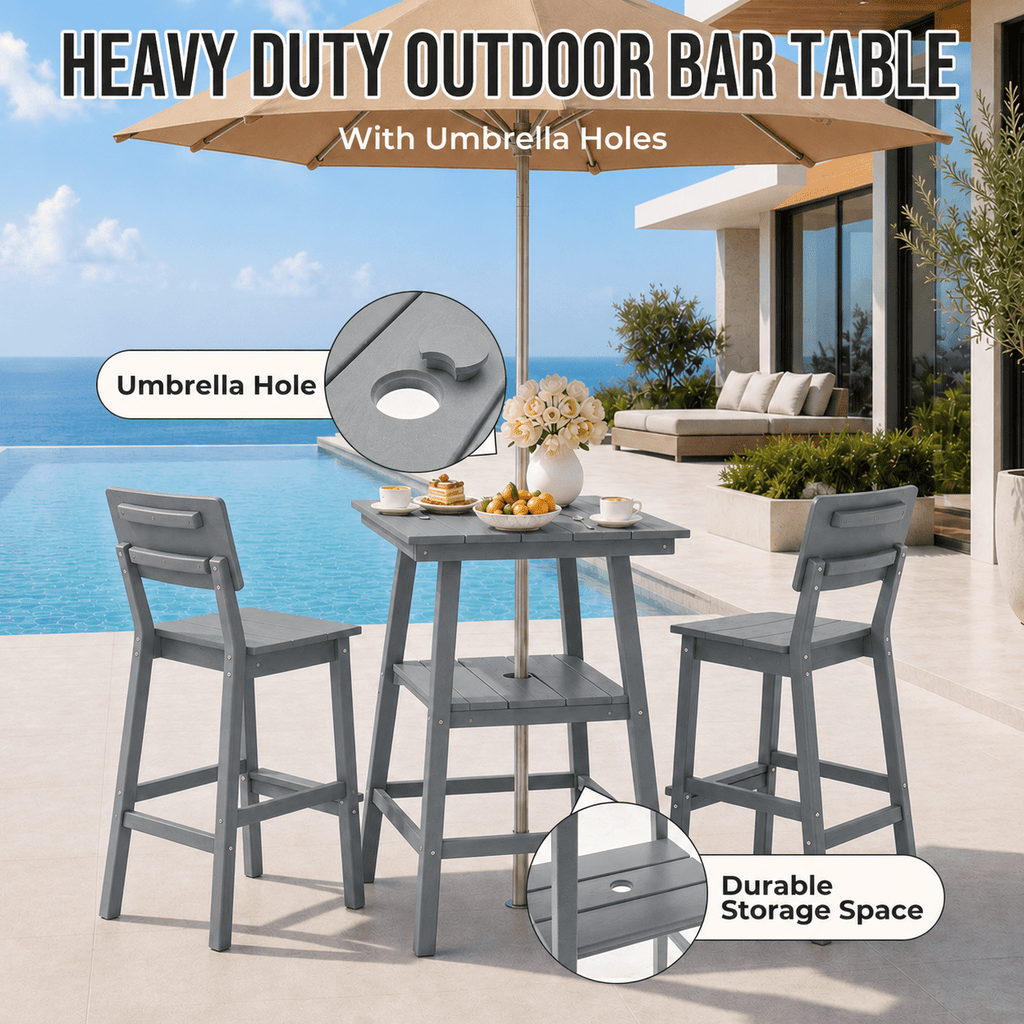 ZEOPHOL Outdoor Bar Table, 2-Tier HDPE Bar Height Table with Storage Shelf, Tall Patio Pub Table for Backyard, Poolside & Balcony Gray