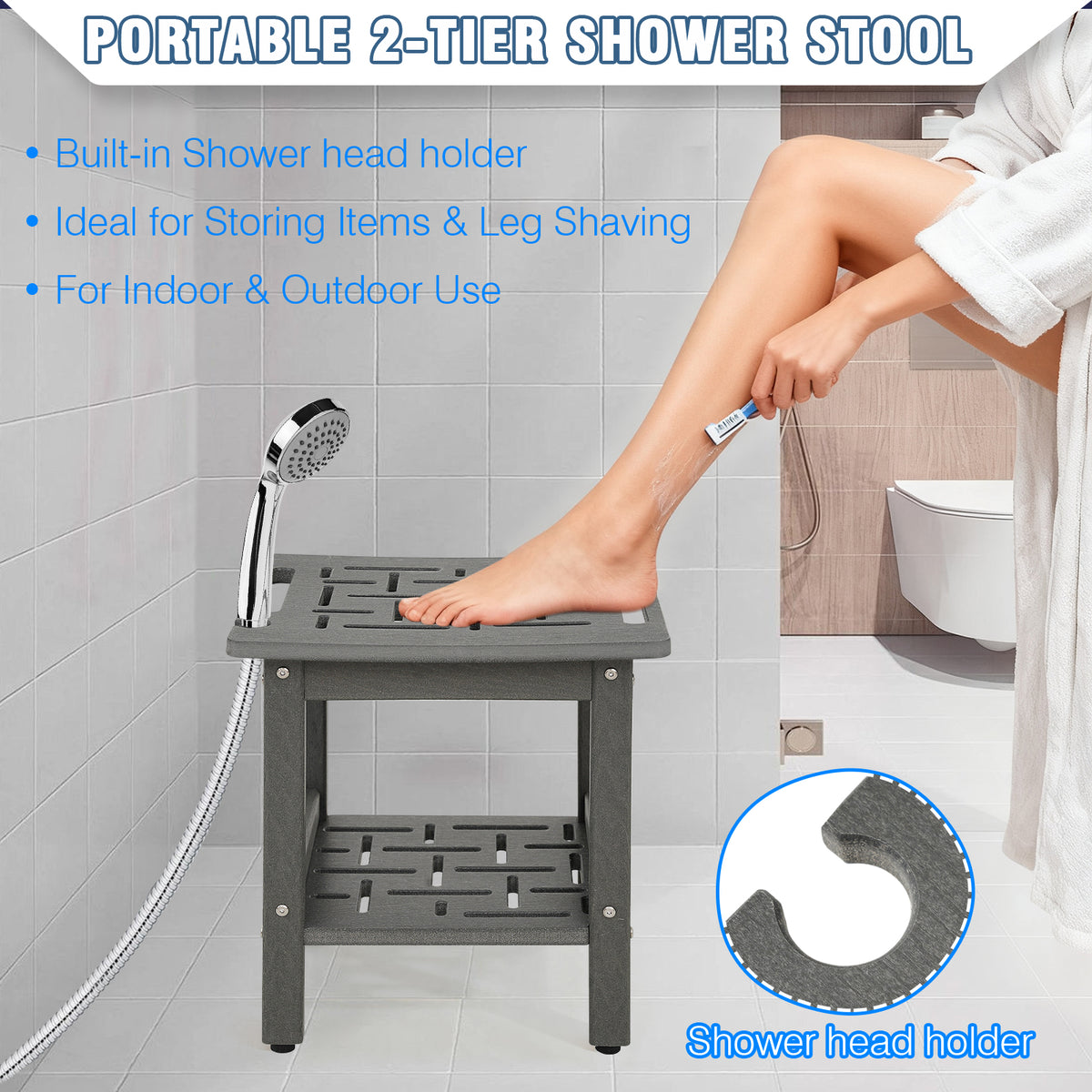 ZEOPHOL HDPE Shower Bench for Inside Shower, Shower Stool with Handle & Storage Shelf, Bathroom Shower Seat for Shaving Legs, Adults & Elderly Gray