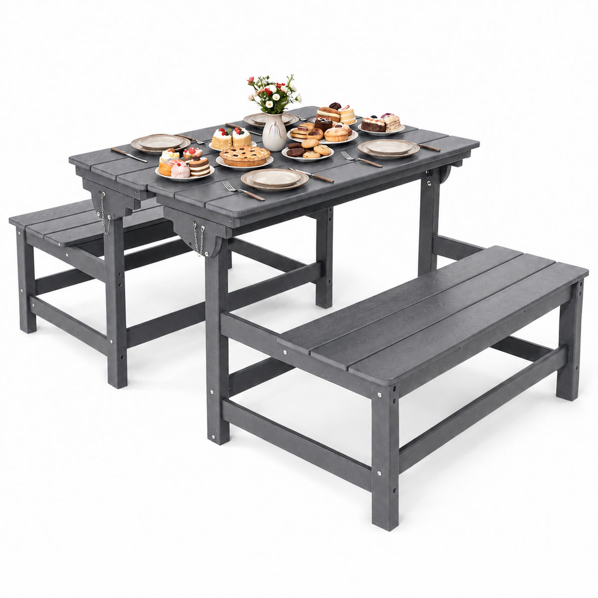 2-in-1 Convertible Outdoor Bench Set of 2, 2 Person All-Weather Patio Furniture with Reinforced Steel Frame, Low Maintenance for Porch, Garden & Backyard Brown