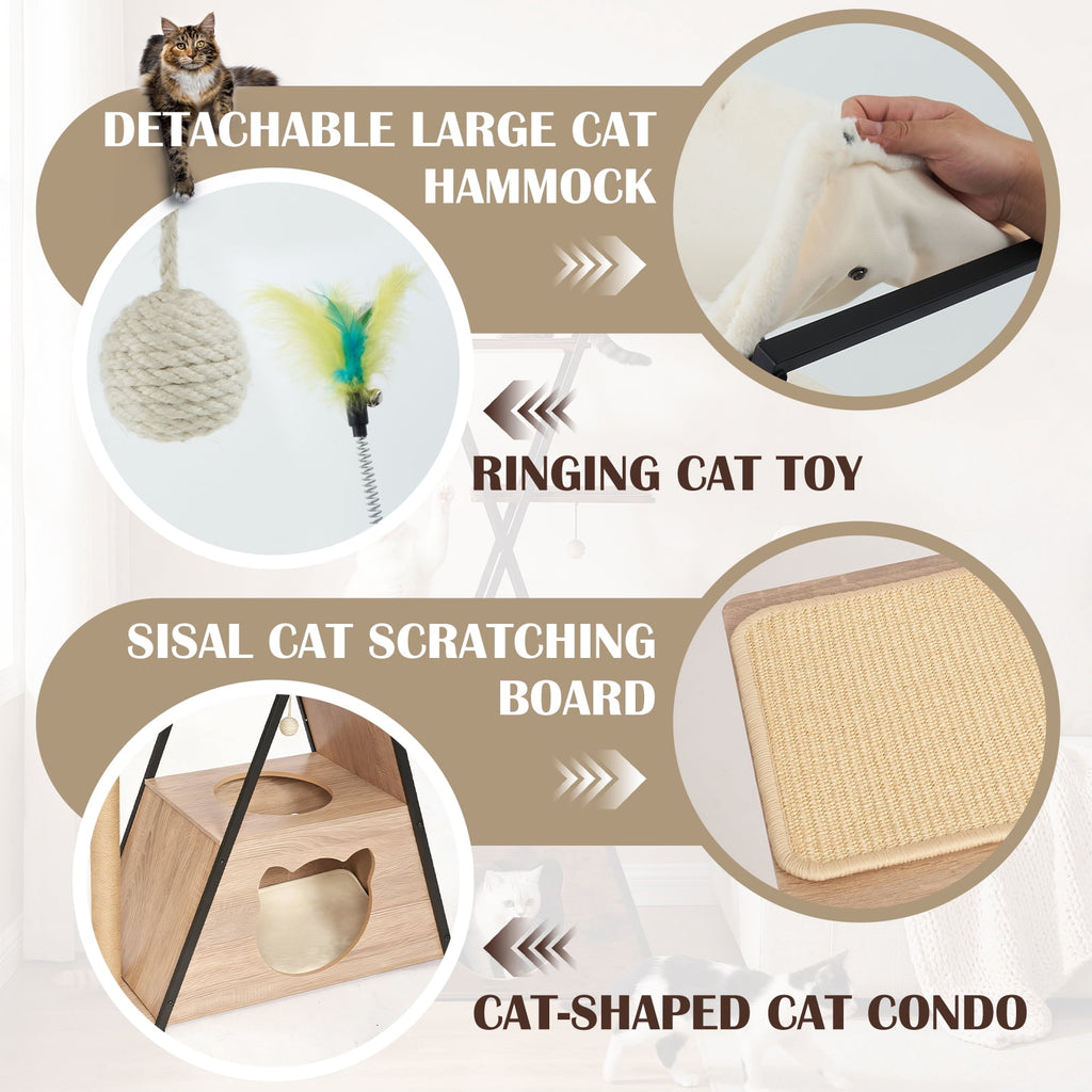 71" Large Cat Tree, Sturdy Wooden Tower for Big Cats with Spacious Condo, Wide Perch, Scratching Posts and Hammock for Multi-Cat Homes